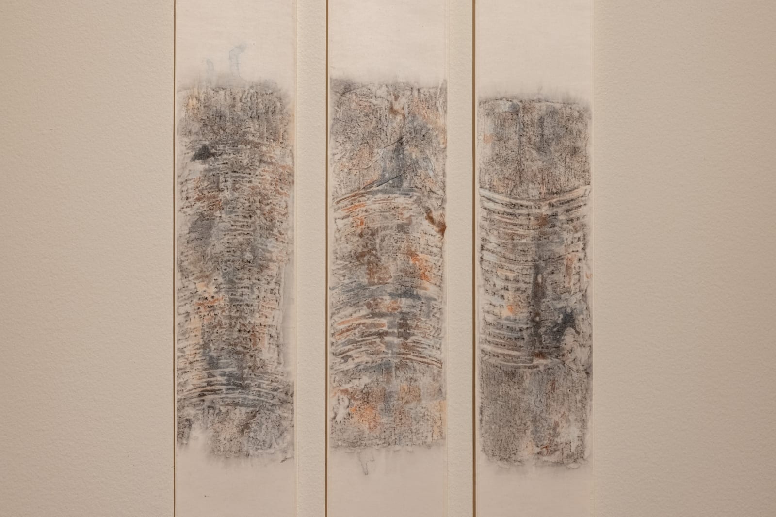Tao Aimin, In a Twinkle No. 6 (detail), 2011, Ink rubbing on paper, set of three hanging scrolls with nushu (women’s script)